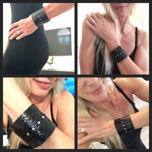 MishaGirl Handmade Black Snakeskin Leather Cuff Bracelet with Silver Beads